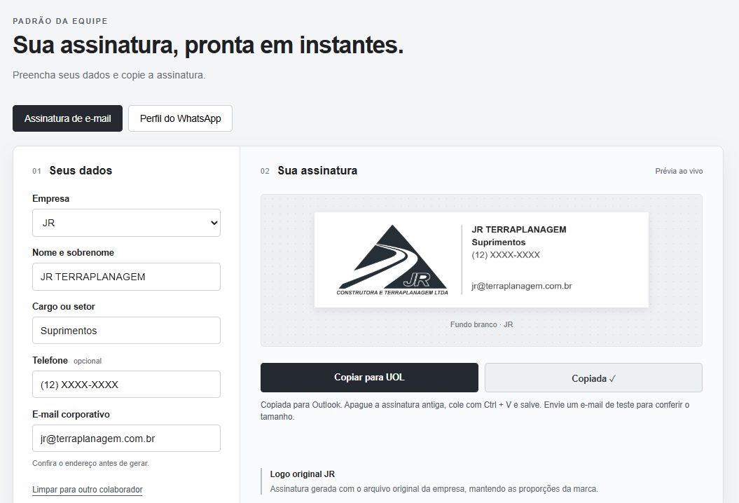 Painel atualizado com os dois botões e a confirmação de assinatura copiada para Outlook