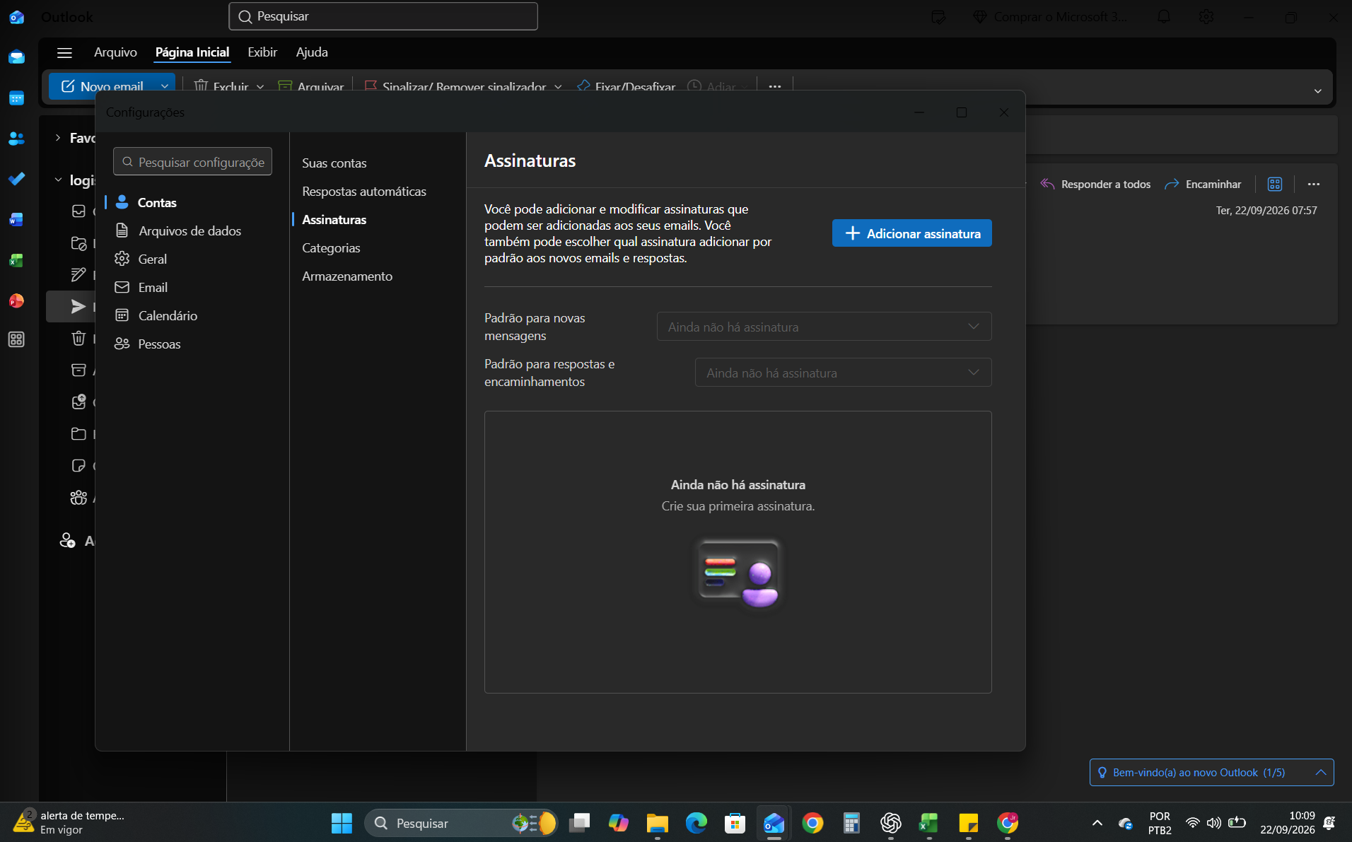 Tela Assinaturas do Outlook com o botão Adicionar assinatura